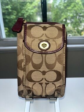 Coach Signature Logo Canvas Wallet with Burgundy Accents and Turn-Lock